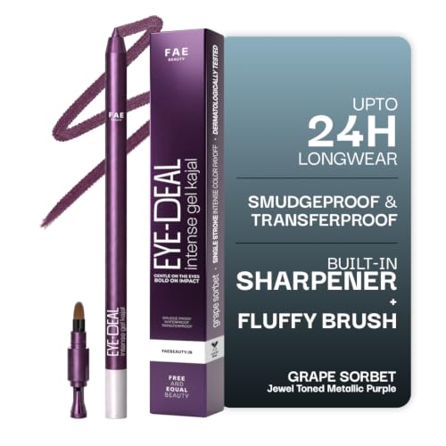 Image of FAE Beauty Eye-Deal Jewel Toned Metallic Purple Kajal | Waterproof & Smudgeproof | Intense Gel Long Wear | With Moringa & Calendula | Dermatologically Tested | Built-in Sharpener & Brush | Shade - Grape Sorbet