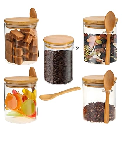 Pote de Vidro com Tampa de Bambu, 550ml, 8,5x12cm, Colher Incluíd...