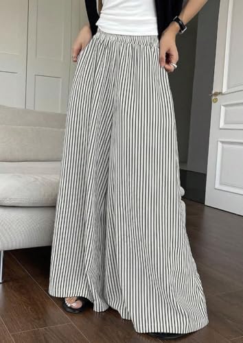 CHARTOU Women Summer Stripes Wide Leg Pants Casual Loose Fit Elastic High Waist Baggy Pants with Pockets2