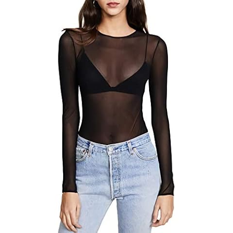 Kyerivs Women's Mesh Tops Long Sleeve See Through Sheer Blouse Black Sexy Clubwear Shirts (Black, S) Cover