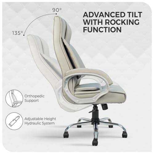 Image of CELLBELL BossPro Fabric Office Chair High Back Ergonomic Executive Boss Chair with Memory Foam Cushion Lumbar Support Chrome Base Hydraulic Tilt Rocking Function 120kg Capacity (White)
