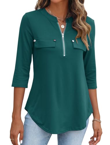 Halife Womens Blouses and Tops Dressy 3/4 Sleeve Elegant Zip V Neck Swing Tunic Henley Shirts Green M