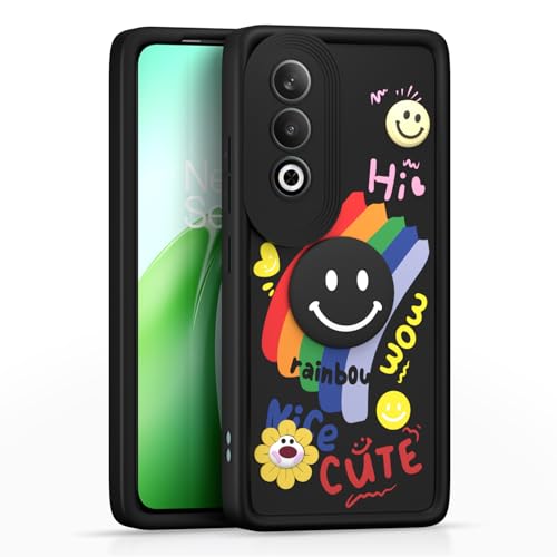 Image of Pikkme Back Cover for OnePlus Nord CE 4 5G | Soft Silicone| Cute Rainbow Smile & 3D Cartoon Flower Design | Shockproof Raised Camera Protection Bumper Case (Black)