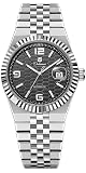MASTOP Orologio meccanico automatico da uomo, bracciale in acciaio inossidabile, quadrante luminoso, datario, orologio da sera resistente all'acqua fino a 30 m, Argento e nero., orologio automatico da
