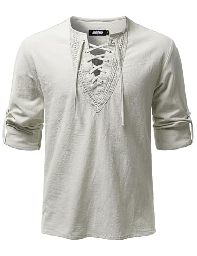 Image of JOGAL Mens Renaissance Shirt Medieval Pirate Viking Halloween Costume Gothic Steampunk Retro Long Sleeve Lace Up Shirts