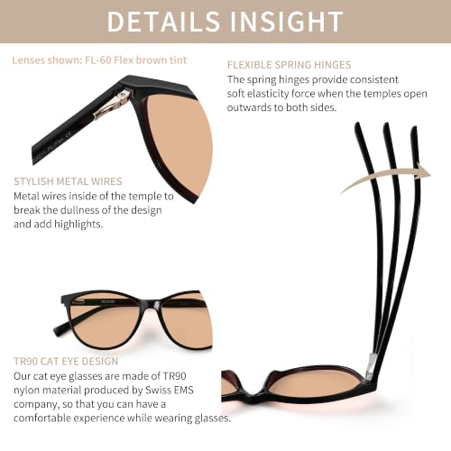 Image of Outdoor FL-Flex Fluorescent-60 Light Brown Tinted Blue Light Blocking Glasses Cat Eye Migraine Light Sensitivity Photophobia Fluorescent LED Glare Women AB3311-Black Frame 25% Cinnamon Lens