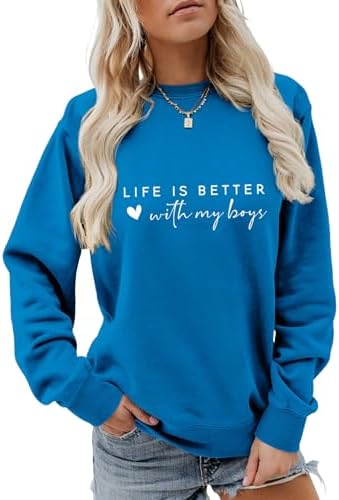 Ladies Sweashirt Pullover 2024 Fall Clothes Long Sleeve Crew Neck Sweatshirts Life is better with my boys Top
