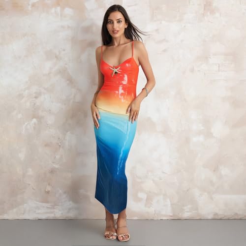 Image of Owl's-Yard Women Sexy Maxi Dress Y2K Spaghetti Strap Floral Print Low Cut Backless Slim Fit Sequins Long Cocktail Dress