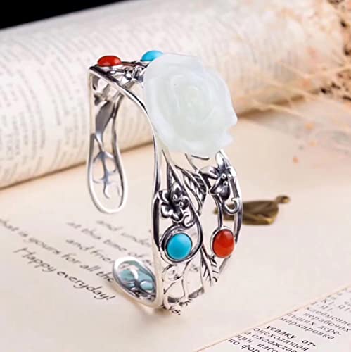 TTDGYYXW Pulseras de Plata S925 para Mujer, Pulsera Natural Tallada en Rosa de Jade hetiano, joyería Vintage para Mujer, Pulsera Abierta con Incrustaciones de ágata Turquesa, Brazalete Hueco con Caja