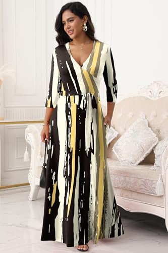 Image of FANDEE Plus Size Maxi Dress for Women Casual Summer Sundress V-Neck 3 /4 Sleeve