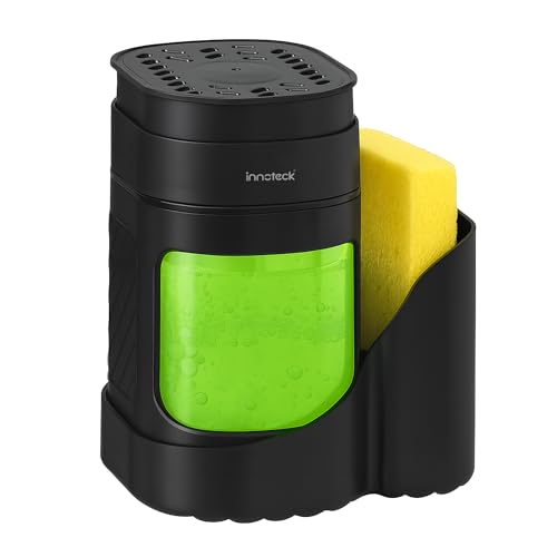 Innoteck Kitchen Sink Organiser with 3-in-1 Soap Dispenser, Sponge Holder & Sink Caddy – Dual Dish Soap & Hand Wash Dispenser, Press Pump Sponge Tray, Compact Countertop Kitchen Tidy, Black