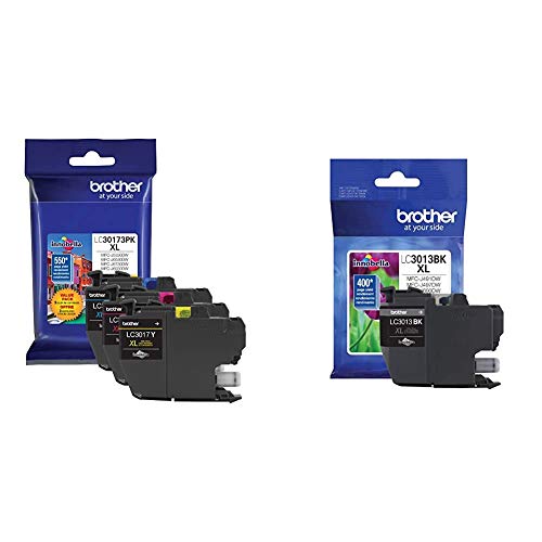 Brother Printer LC30173PK High Yield XL 3 Pack Ink Cartridges- 1 Ea: Cyan/Magenta/Yellow Ink & Printer High Yield Ink Cartridge Page Up to 400 Pages Black (LC3013BK), Standard