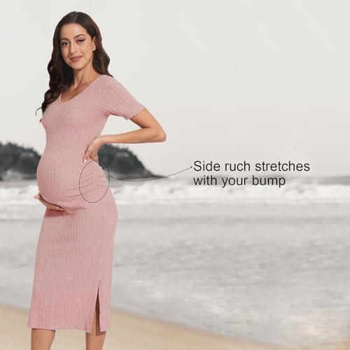 Lahilo V Neck Short Sleeve Side Ruch Knit Ribbed Maternity Bodycon Dress,Maternity Dress For Photoshoot/Baby Shower/Summer thumb #4