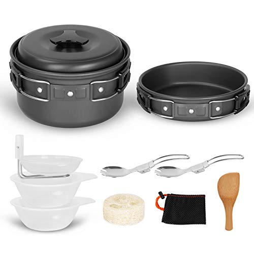 Camping Cookware Mess Kit - Small Camping Cooking Set for 1 - Compact Lightweight and Durable Pot Pan Bowls Sporks Set for Backpacking Hiking and Survival