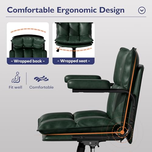 Image of Ollega Mid Century Modern Desk Chair, Vintage Leather Office Chair, Green | Petite Computer Chair for Small to Medium Women, Thickened Back, Cozy Seat, Adjustable Height for Home