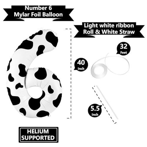 Image of SINBEE Cow Print 40 inch Balloon, Number 6, for Birthday Decorations, Reusable, Unisex, Children's Party Decor