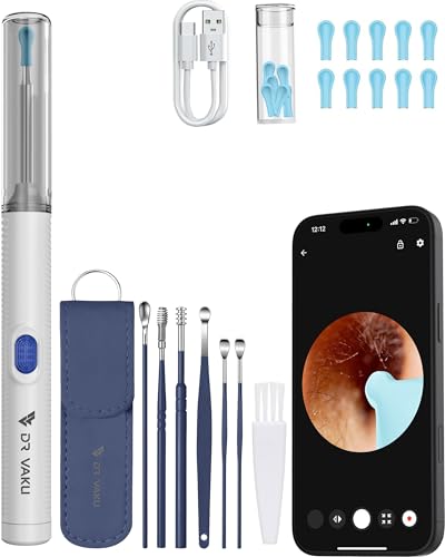 Image of Dr Vaku Clenzio Earocam Ear Cleaner Earwax Removal Tool with Extra Cleaning Kit (Set of 7) HD Camera Wifi Connection & 6 LED Lights Endoscope Tool + 11 Silicone Tips Free & Storage Case-White /Blue