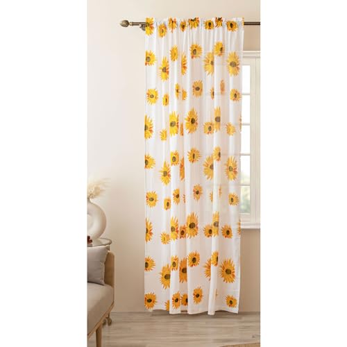 Image of HOMEMONDE 5 Feet Window Sheer Curtain - Sun Flower Printed Transparent Panel for Living Room, Bedroom Decoration, Single Piece - (Top Style - Rod Pocket)