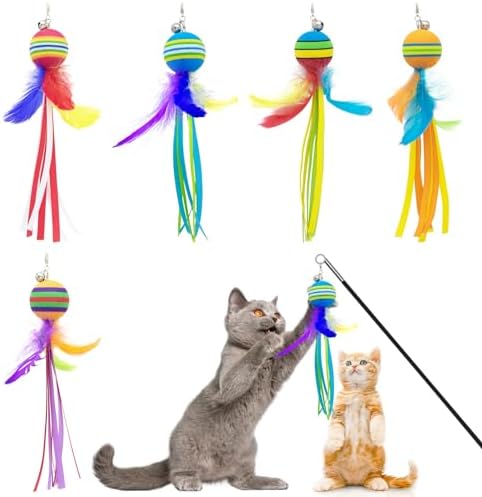 PET SHOW 5 Pack 1.4″ Cat Feather Tassel Toys Balls with Bell Soft EVA Foam Colorful Rainbow Toy Balls Interactive Kitten Cats Small Dogs Puppies Doggies Indoor Outdoor Play Activity Chase Training