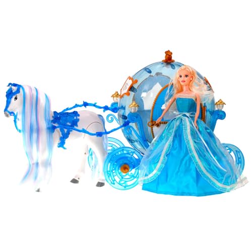 BSD muñeca Princesa - muñeca Cenicienta con Caballo y carruaje - Caballo Camina y Tira del carruaje, carruaje Brillante, Caballo con Crin para peinar - Color Azul