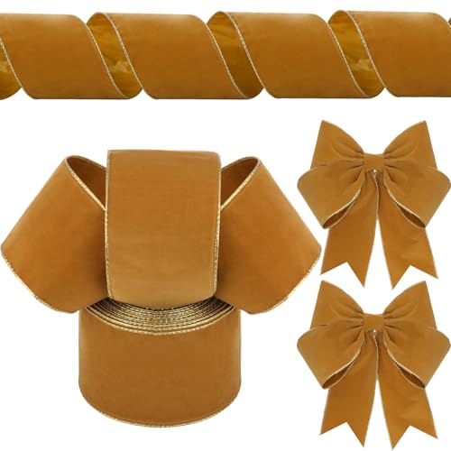 Yungyan Velvet Ribbon Gold Edge, 4 Inch X 35 Yards, Khaki, Gold