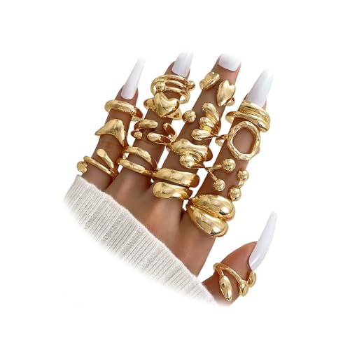IFKM Gold Chunky Rings Set for Women 14k Gold Plated Thick Dome Stackable Open Rings Trendy Dainty Minimalist Jewelry Gifts (16pcs Encircle, Gold)