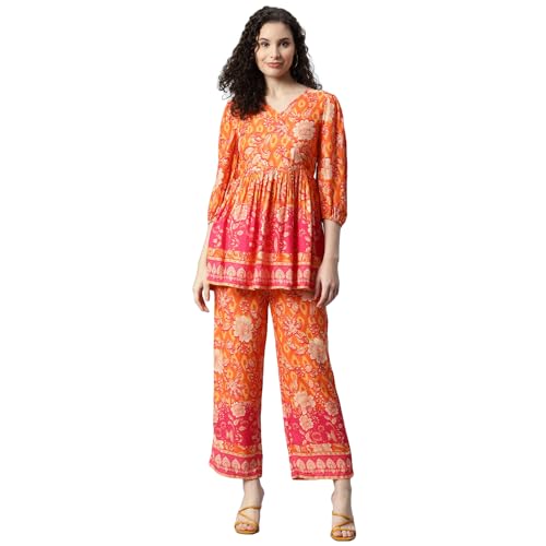 Image of DEEBACO Women's Floral Print Rayon Top & Pants Co Ord Set for Women V Neck 3 /4 Puff Sleeve Ladies Party Casual Wear Fashionable for Girls Loose Fit Cord Set (DBCOMR00000978 M Orange)