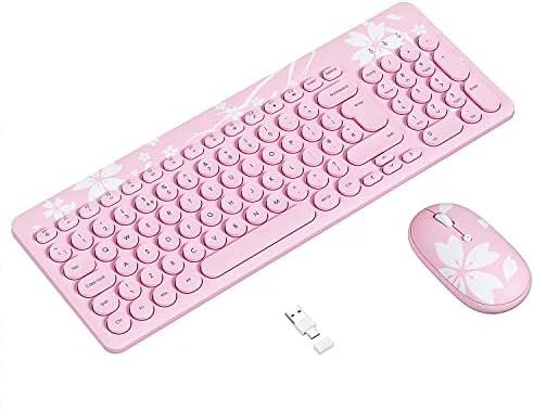 Wireless Keyboard and Mouse Set UK Layout, 2.4GHz Unifying USB & Type-C Receiver, Ergonomic Cordless Silent Mouse and Small Compact Computer Keyboard Combo, for Windows PC/Apple Mac, White Pink