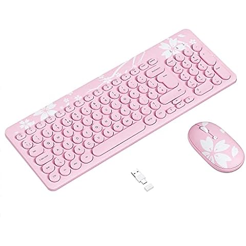 Wireless Keyboard and Mouse Set UK Layout, 2.4GHz Unifying USB & Type-C Receiver, Ergonomic Cordless Silent Mouse and Small Compact Computer Keyboard Combo, for Windows PC/Apple Mac, White Pink Cover