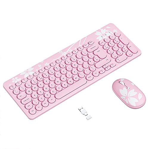 Mytrix Cute Sakura Pink Wireless Keyboard Mouse Set, Retro Type-Writer Keys, 2.4G USB & Type-C Slim Keyboard & Mouse Combo with Numeric Keypad for Computer, Laptop, Desktops, Pc, Mac