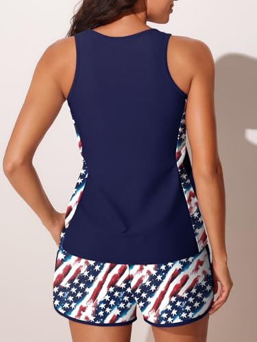Image of Summer Mae Blouson Tankini Swimsuits for Women 2025 Tummy Control Two Piece Bathing Suits with Sporty Pockets Swim Shorts Abstract Star Flag Size 14