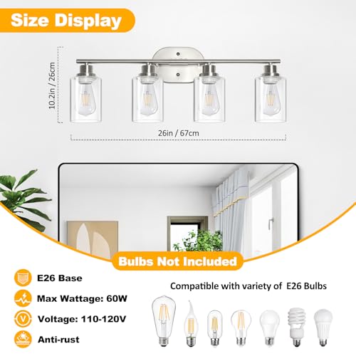 Image of Unicozin Bathroom Light Fixtures, 4 Light Vanity Lights for Bathroom, Brushed Nickel Wall Lamp with Clear Glass for Mirror, Living Room, Hallway, Cabinet, E26 Base