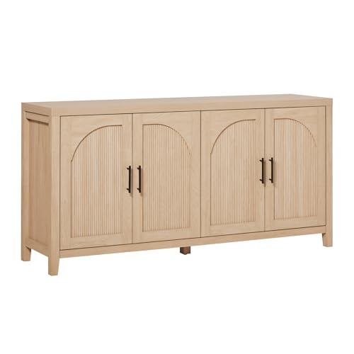 Walker Edison Sasha 4-Door Reeded Sideboard Buffet with Cord Management, 60 Inch, Coastal Oak