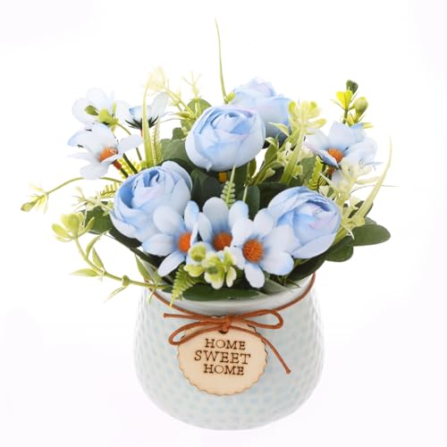 Image of TIED RIBBONS Artificial Rose Flower Plant with Pot (Blue, 6.6 Inch) Home Decor Items for Living Room Balcony Kitchen Bedroom Office Table Top Decoration Gifting Item