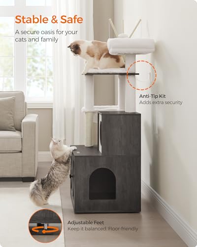 Image of Feandrea Cat Tree with Litter Box Enclosure, 59-Inch Modern Cat Tower | 2-In-1 Condo with Scratching Posts, Washable Removable Cushion, Misty Gray UPCT113G02