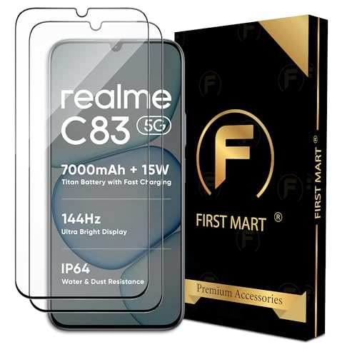 Image of FIRST MART Military Grade Gorilla Tempered Glass For Realme C83 (6.8 Inch) With Edge To Edge Screen Coverage and Easy Installation Kit | Black, Pack of 2