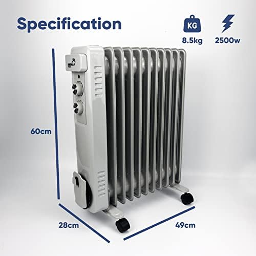 OIL Filled Radiator Heater 11 Fin Electric 2.5KW Free Standing Portable Oil Radiator with Thermostat - 3 Heater Settings, Built in Safety Features - EXPRESS DELIVERY
