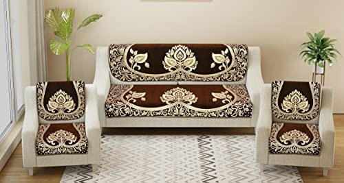 Image of Velvet Sofa Cover Set of 5 Seater - Premium Sofa Covers 3 Seater and 2 Seater Full Cover Set for Couch Seat - Heavy Fabric Sofa Slip Protector with Back Covers, 2701 Brown