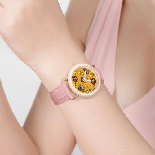 Cute Faces of Monkeys and Bananas Classic Watches for Women Funny Graphic Pink Girls Watch Easy to Read4