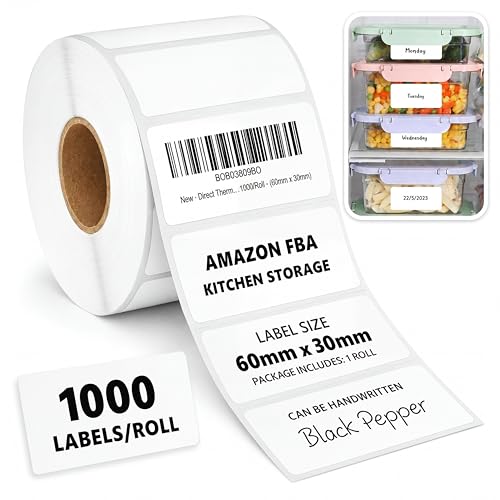 Image of 1000 Self Adhesive Labels 50mm x 30mm | Sticky Labels Roll White Sticky Label Stickers | Thermal Labels for FBA, Barcode, Address Labels, Office, Kitchen, Fridge, Freezer