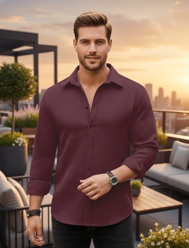 Image of DEELMO Men's Regular Fit Button Down Dress Shirts Textured Long Sleeve Casual Hawaiian Shirt (in, Alpha, 2XL, Regular, Dusty Rose-New)