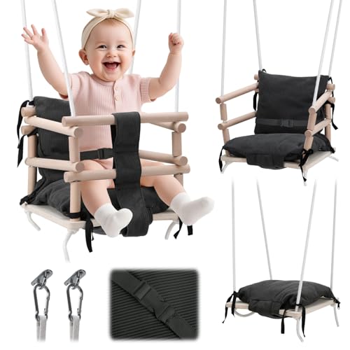 Jaxguom Babyschaukel Indoor & Kinderschaukel Outdoor 3-in-1 aus Holz, Höhenverstellbar (160-260cm) mit Abnehmbarem Kissen, Für Garten, Tragkraft 50kg, Ab 12 Monaten(Grau)