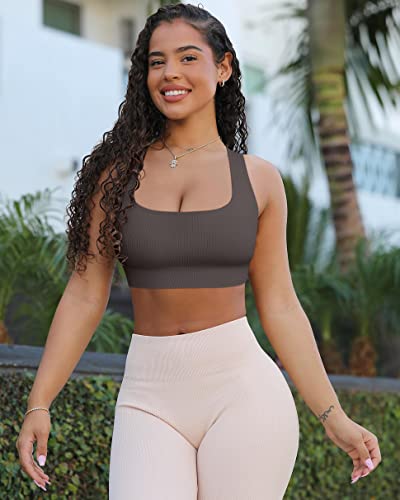 Oqq Women's 3 Piece Medium Support Crop Tops Ribbed Seamless Removable Cups Workout Exercise Racerback Sport Bra Black Tea Leaf White #TOP3