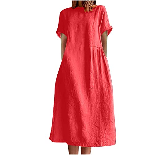 Women Italian Linen Dresses Sale Clearance Casual Maxi Dress Sundress Solid Short Sleeve Summer Dresses Crew Neck Smock Dresses Baggy Dresses Loose Fitting Dress Relaxed Fit Lightweight Holiday Beach