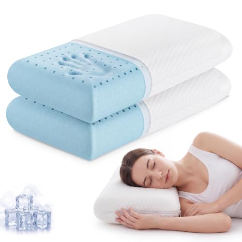 Image of Sweetcrispy Cooling Gel Memory Foam Pillows for Sleeping, Back and Side Sleeper Support, Standard Size and Medium Firm, Bed Pillows for Adults with Washable Cover and Breathable Mesh - 2 Pack, White