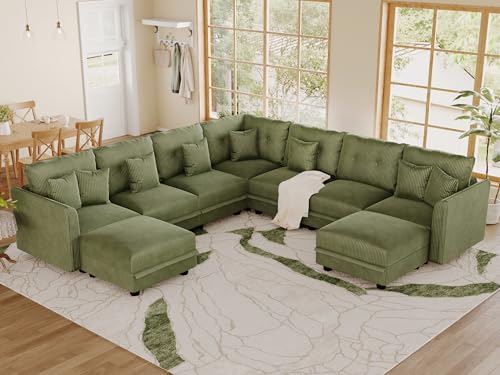 Image of LLappuil Modular Sectional Sofa with Storage, U-Shaped 9-Seat Corduroy Couch with 8 Throw Pillows, Pet-Friendly Convertible Pit Sofa for Living Room, Skin-Friendly & Soft, Green