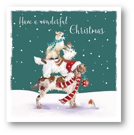 6 Biglietti Di Natale Artistici Paper House, Gatto E Cane Davanti Al Camino, 141x141 Mm, Beneficenza, Con Buste