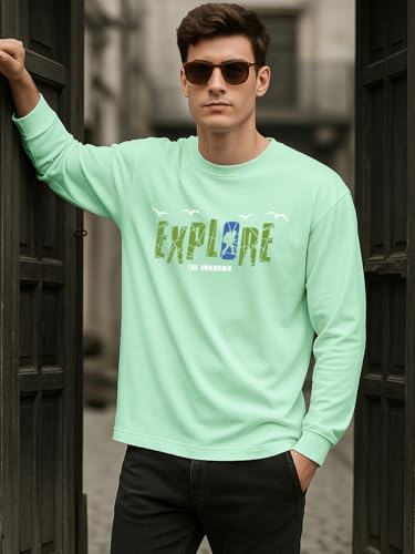 Image of Bewakoof Men's 100% Cotton Graphic Print Oversized Fit Full Sleeve Round Neck T-Shirt | Casual Wear | Street Wear | Oversized t Shirt for Men Cotton | Baggy