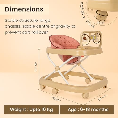 Image of Blushbaby 360 Baby Walker for 6-18 Months | 5-Height Adjustable Activity Walker with Cushioned Seat, Meal Tray & Toy Bar | Foldable & Lightweight Walker for Boys & Girls (Beige)