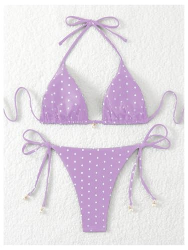 Image of SOLY HUX Women's Polka Dots Print Bathing Suit Halter Triangle Tie Side Bikini Sets Two Piece Swimsuit